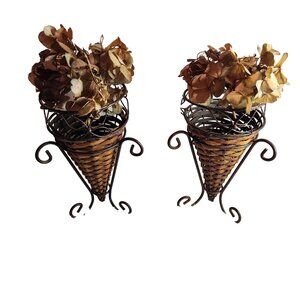 Pair Of Vintage metal & Wicker Cone-Shaped vases With Scroll Design